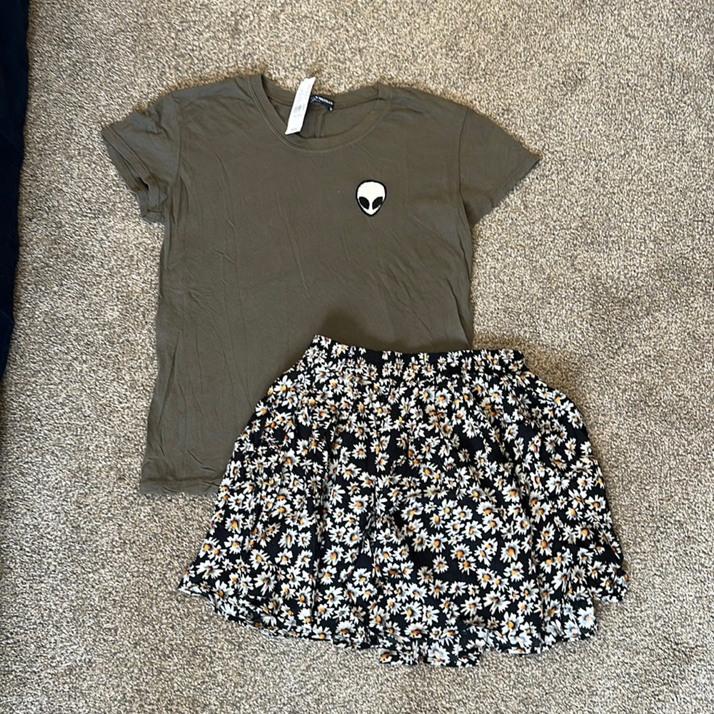 Brandy Melville set of two short sleeve, brown alien shirt, and sunflower skirt